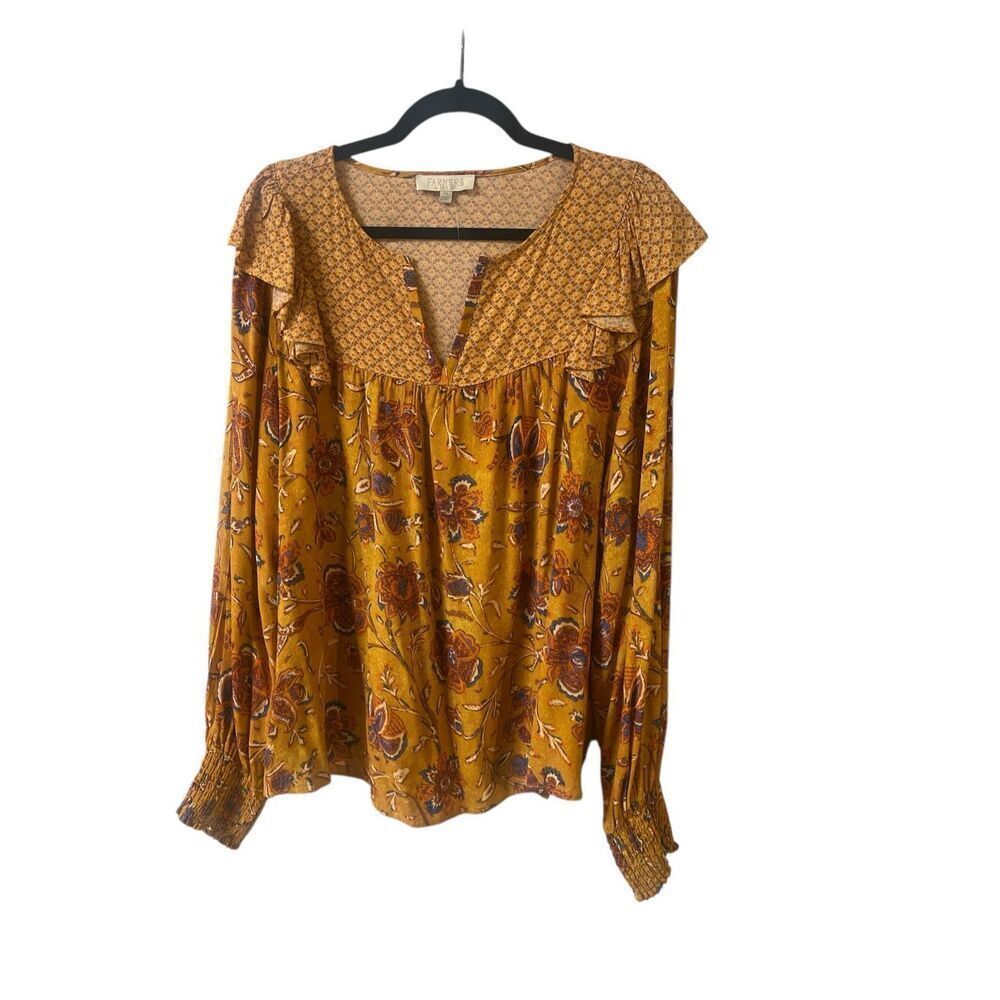 Farmers Market mixed print gold boho blouse pullover style sz XL